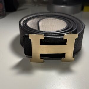 HERMÈS BLACK LEATHER BELT WITH GOLD H BUCKLE